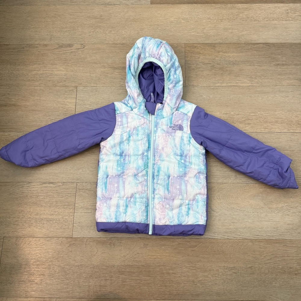 North Face Toddler Girl Reversible Purple Hooded Puffer Jacket -3T